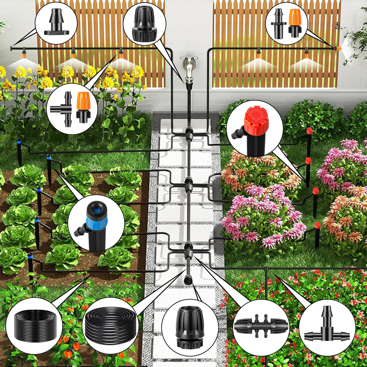 260FT Drip Irrigation System Kit, Automatic Drip Irrigation Kit with 1/2 inch Hose 1/4 inch Distribution Tubing and Accessories for Greenhouse, Yard, Lawn