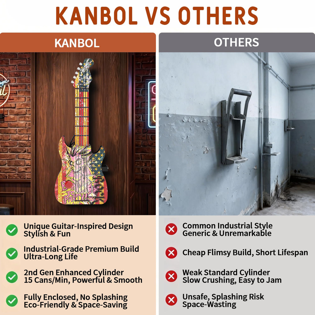 KANBOL 615 Guitar-Style Pneumatic Can Crusher, Fully Enclosed Safety Design, 2nd-Gen Reinforced Air Cylinder, Heavy-Duty Metal Wall-Mounted Can Smasher, Fits for12oz 16oz Cans -BLACK