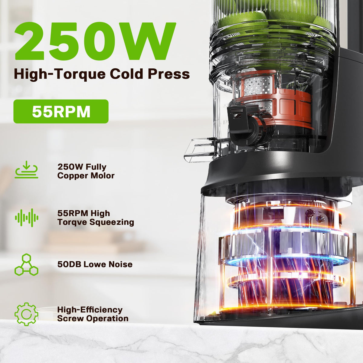 Cold Press Juicer Machine with 5.3" Wide Feed Chute, Slow Masticating Juicer for Whole Fruits & Vegetables, High Juice Yield, Black