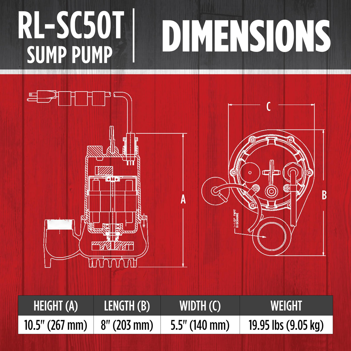 Red Lion RL-SC50T 115-Volt, 1/2 HP, 4300 GPH Cast Iron Sump Pump with Tethered Float Switch, 10-Ft. Cord, Red, 14942746