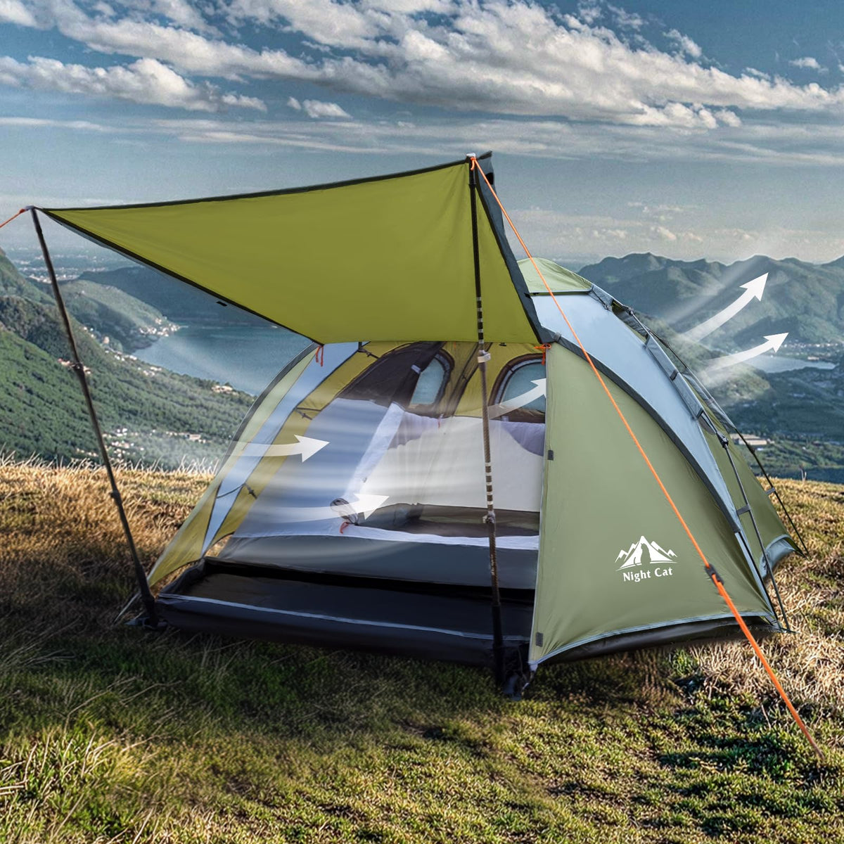 Night Cat Pop Up Tent 2-3 Persons Instant Set Up Tent with Footprint Tarp & Porch, Automatic Double Layer Waterproof Camping Tent with Rainfly Trekking Pole Not Included