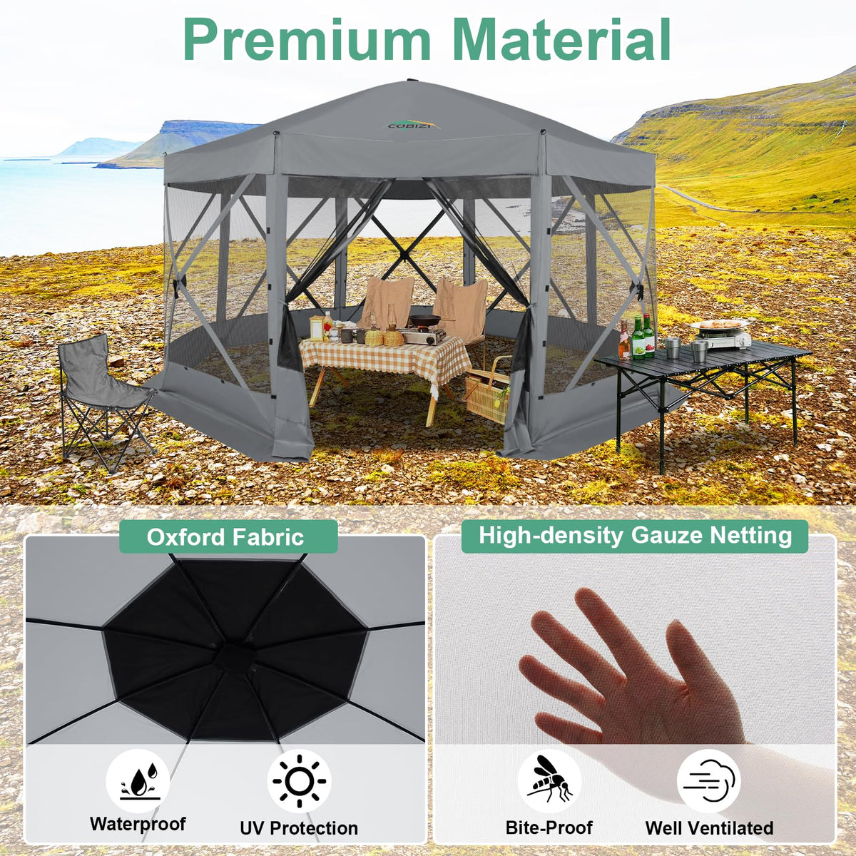 COBIZI 15x15 FT Pop Up Gazebo - Canopy Tent, Large Gazebos On Clearance,Instant Screened in Gazebo,carpas para Patio,Portable Screen Tents for 12-15 Persons Outdoor Camping, Backyard,Gray