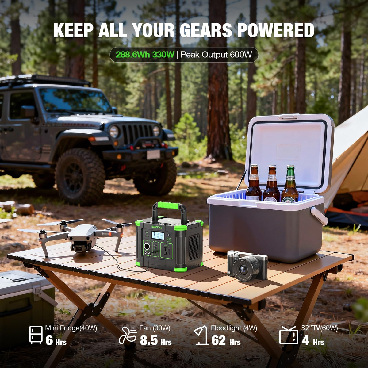 Portable Power Station 330W 288Wh Solar Generator with 60W USB-C PD Fast Charging, Pure Sine Wave AC Outlet, 5W Wireless Charger, LED for Camping, RV, CPAP, Home Emergency Backup, Off-Grid Living