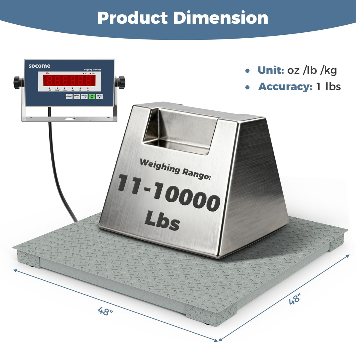 SOCOME 48"x48" Industrial Floor Scale, Heavy Duty Platform Scale with Digital Display Indicator, Carbon Steel Accurate Weighing Scale for Shipping, Warehouse, Industrial, 10000 lb x 1 lb, Grey Green