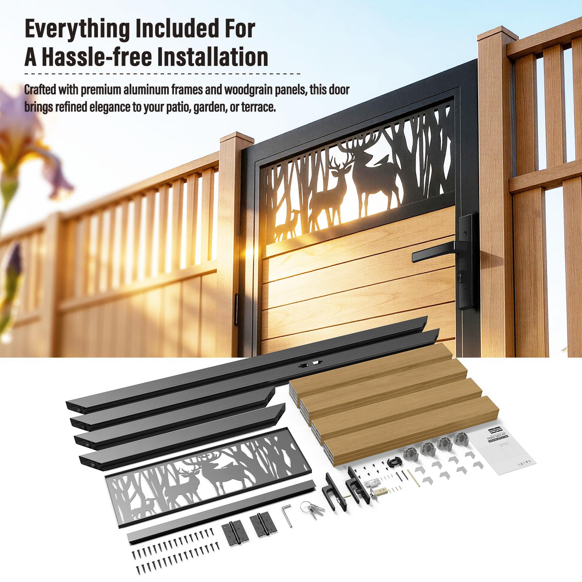 Brukid 3x6 FT Aluminum Fence Gate Kit Wood Grain Aluminum Gate with Decorative Cutout, Lock & Hinges, Left/Right Opening, Weather Resistant for Yard Garden Patio