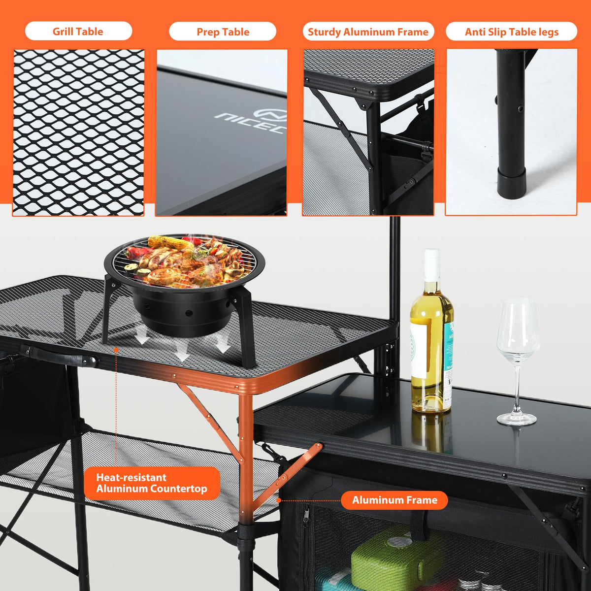 Nice C Camping Kitchen Table, Portable Folding Camp Cook Station, Storage Organizer, with Light Poles, Storage, Side Bag, Side Hooks, for Outdoor, Picnic, Beach, RV Traveling (Black)