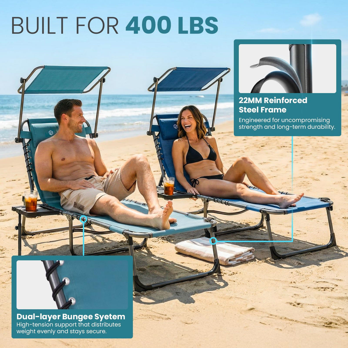 FUNDANGO 400lbs Tanning Chair with Face Hole & Canopy & Side Table, 5 Positions Beach Sunbathing Lounge Chair Facedown Chaise Lounge with Pillow for Pool Outdoor Camping Patio, Set of 2 Cyan