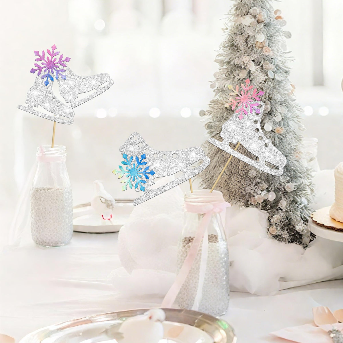 Ice Skating Centerpiece Sticks Snowflake Ice Sports Theme Party Decorations 12PCS Glitter Silver Ice Skate Baby Shower Table Topper Decorations for Skating Birthday Party Supplies