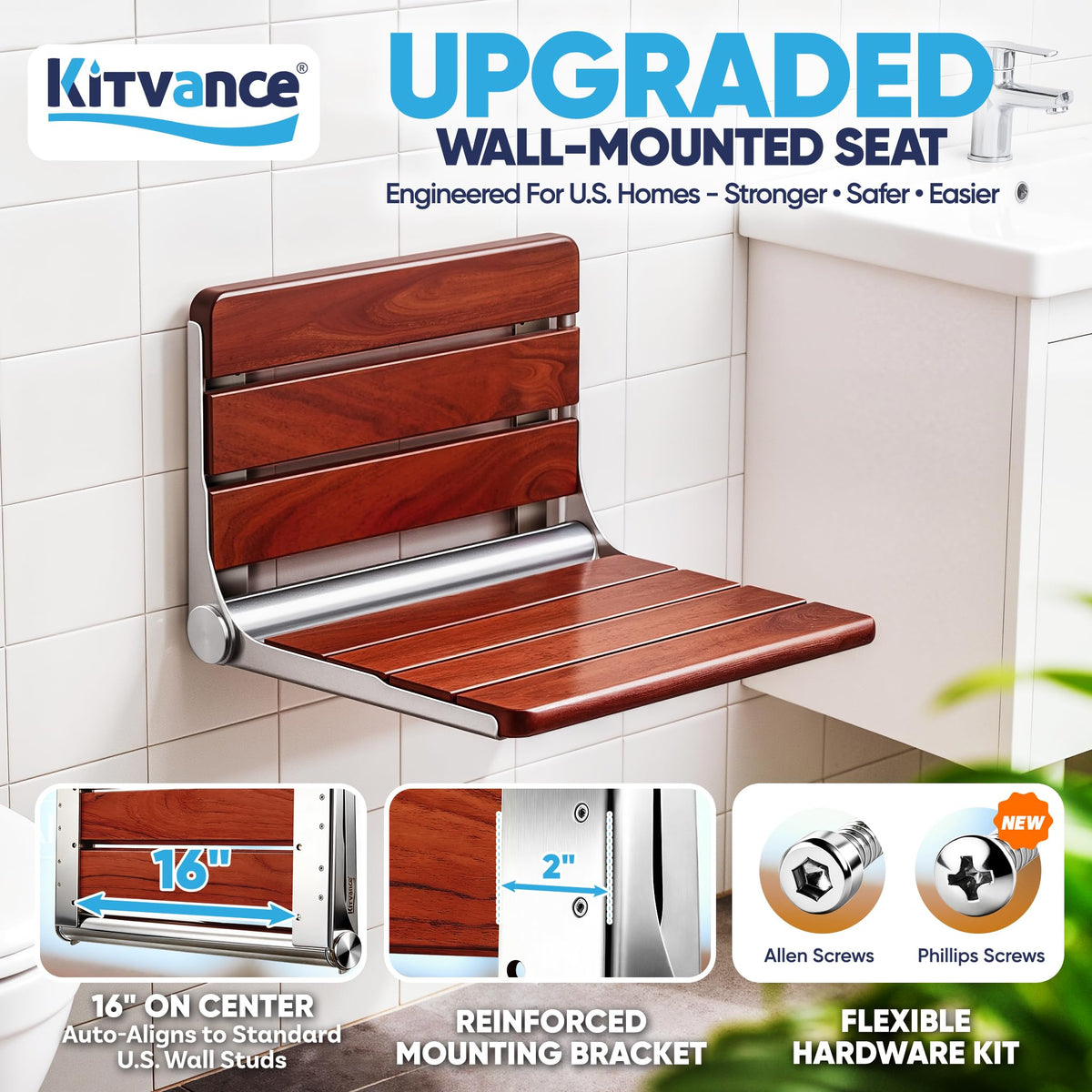 [Upgraded Version] 18" ADA Compliant Folding Teak Shower Seat Wall Mounted-Folding Shower Bench, Folding Shower Seat for Inside Shower, Teak Foldable Shower Chair, Fold Down Shower Seat, Max 400lbs
