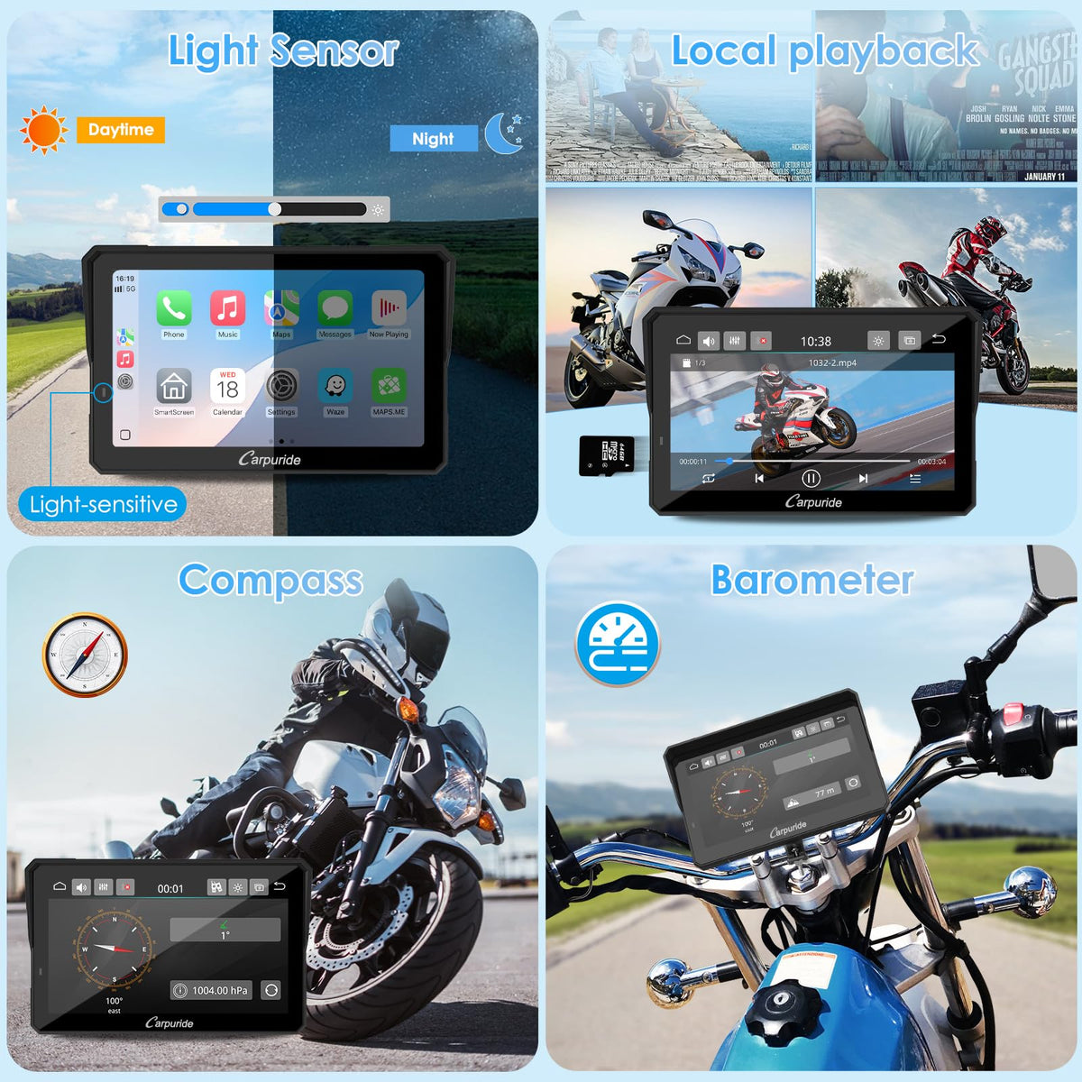Carpuride W702S PRO Motorcycle GPS Wireless Carplay/Android Auto, 7" Waterproof Motorbike Touch Screen, with BM05 Mount, Bluetooth Trans, Wired Controller, Navigation