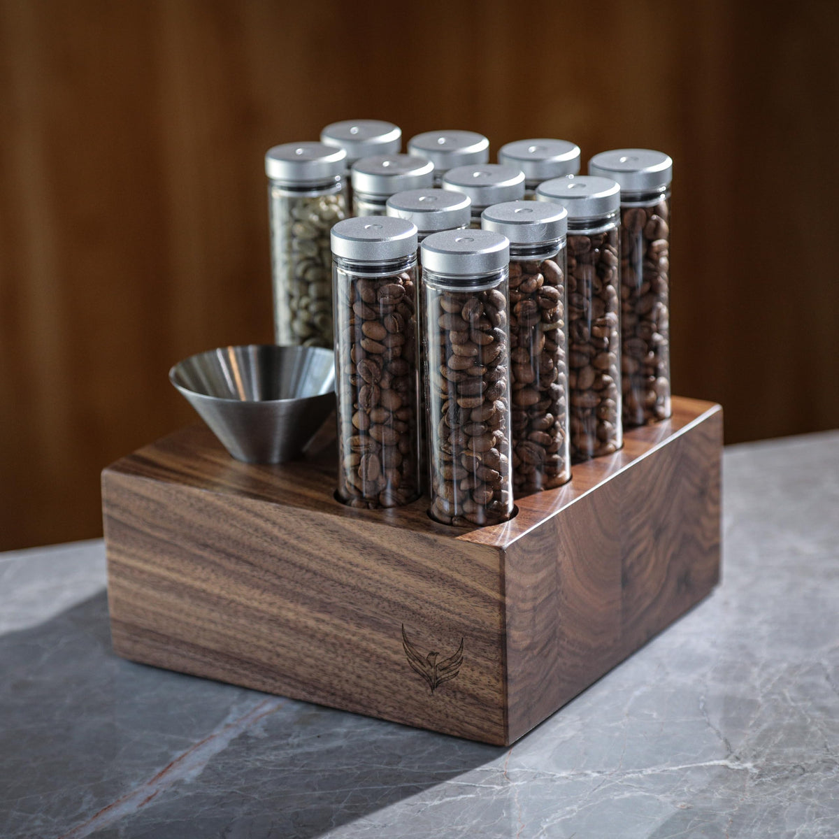 KNODOS Single Dose Coffee Bean Vials and Walnut Dosing Set Espresso Bean Container with Dosing Cup and Espresso Mister