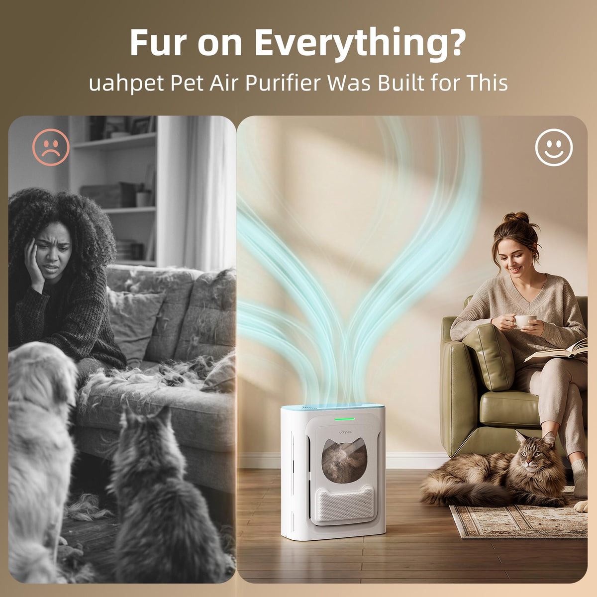 uahpet Pet Air Purifier, H13 HEPA Filter for Pet Hair, Dander & Odors, 2100 Sq Ft Coverage, Plug & Play No WiFi Required, Clog-Resistant Intake, Washable Pre Filter, Quiet 25dB