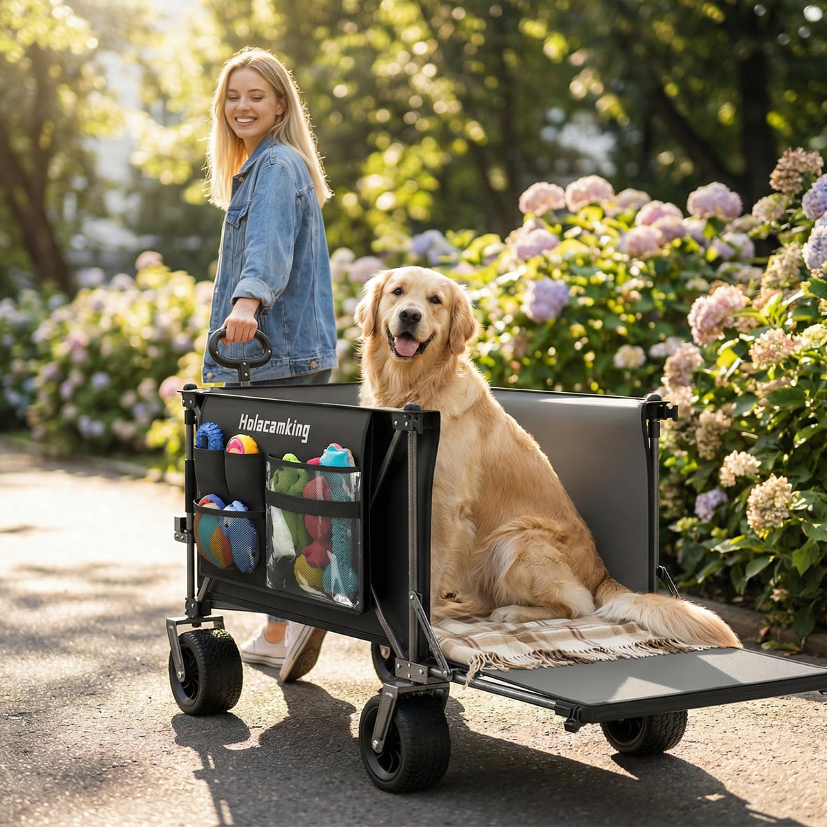 Holacamking 58”L Extender Collapsible Wagon, Extra Long Foldable Wagon Cart with Extended Tailgate, Heavy Duty Rolling Utility Cart with All-Terrain Big Wheels for Shopping Sports Beach, Black