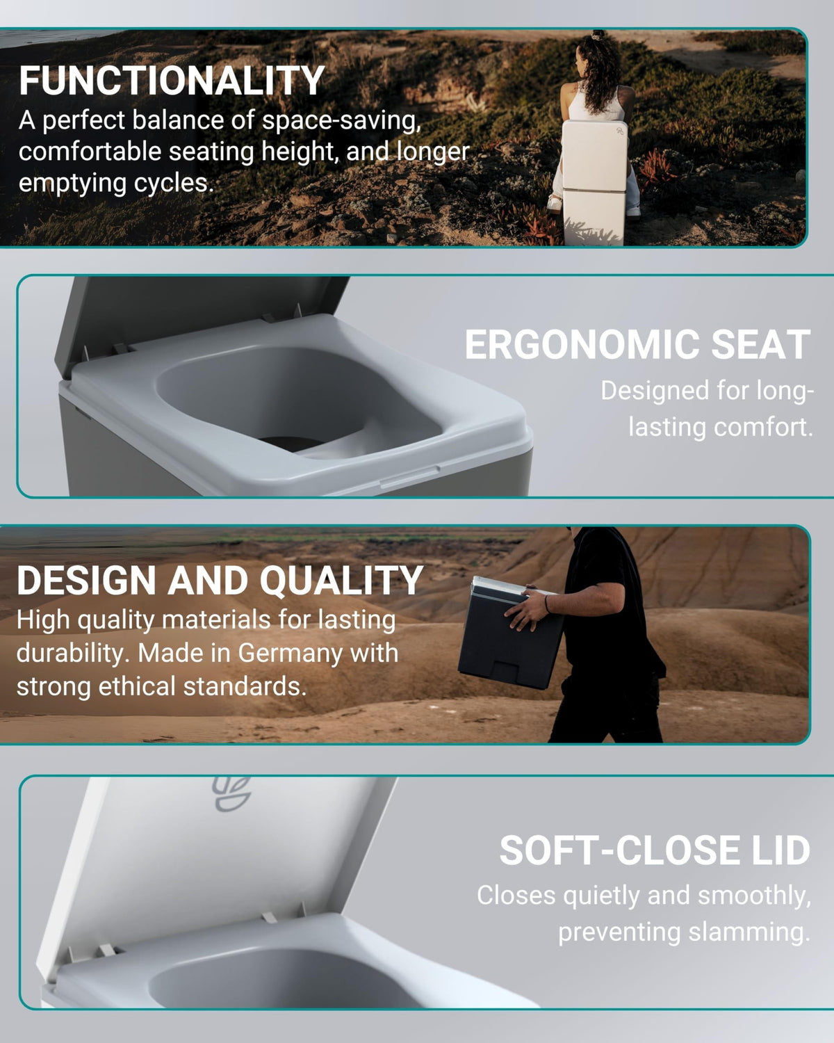 TRELINO Composting Toilet Evo M Gray, Portable Toilet for Camping & Outdoor, Odorless, 1.3 gal & 2.1 gal Capacity, 13 x 15.4 x 14.2 inches
