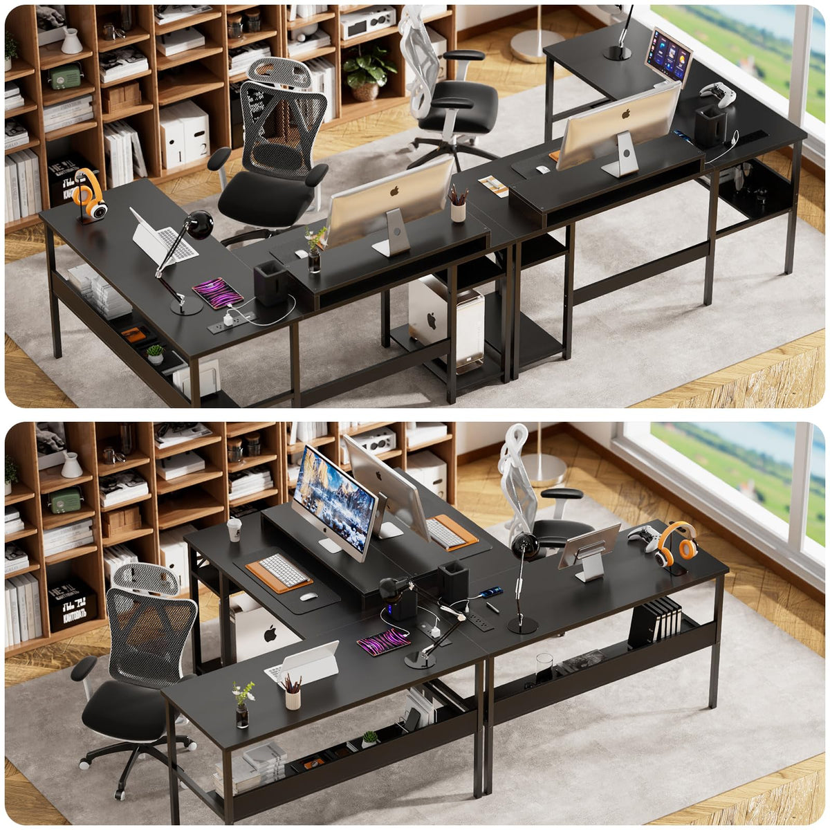 Unikito Reversible L Shaped Desk with Magic Power Outlets and Smart LED Light, Sturdy Corner Computer Desk with Monitor Stand & Storage Shelves, Gaming Table Home Office Desk, Easy Assembly, Black
