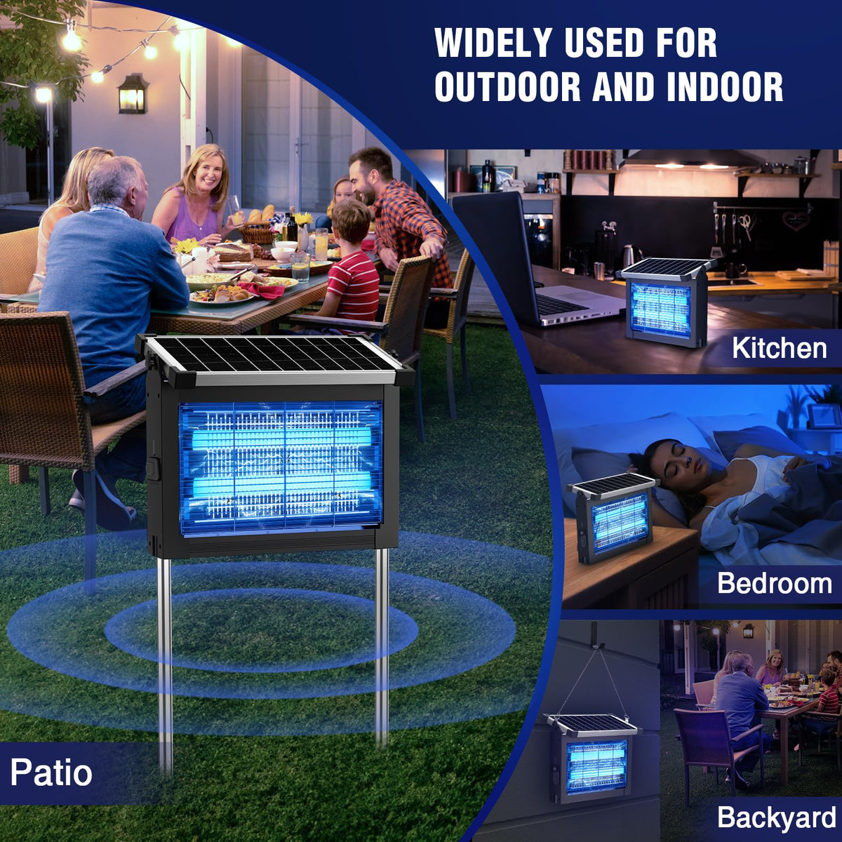 Solar Bug Zapper Outdoor, 4500V Mosquito Zapper Waterproof with Panel Sensor Electric Fly Zapper Rechargeable Mosquito Killer with 10FT Extension Cord, Fly Trap Ideal for Patio, Backyard, Camping