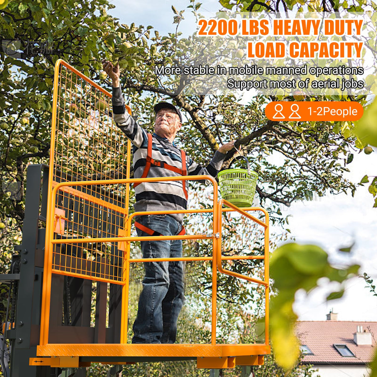 45 in x 43 in Forklift Cage, Max. 2200 LBS Forklift Man Basket with Harness & Wheels, Foldable Work Platform, Lift Basket Aerial Rails for Lifting Loader