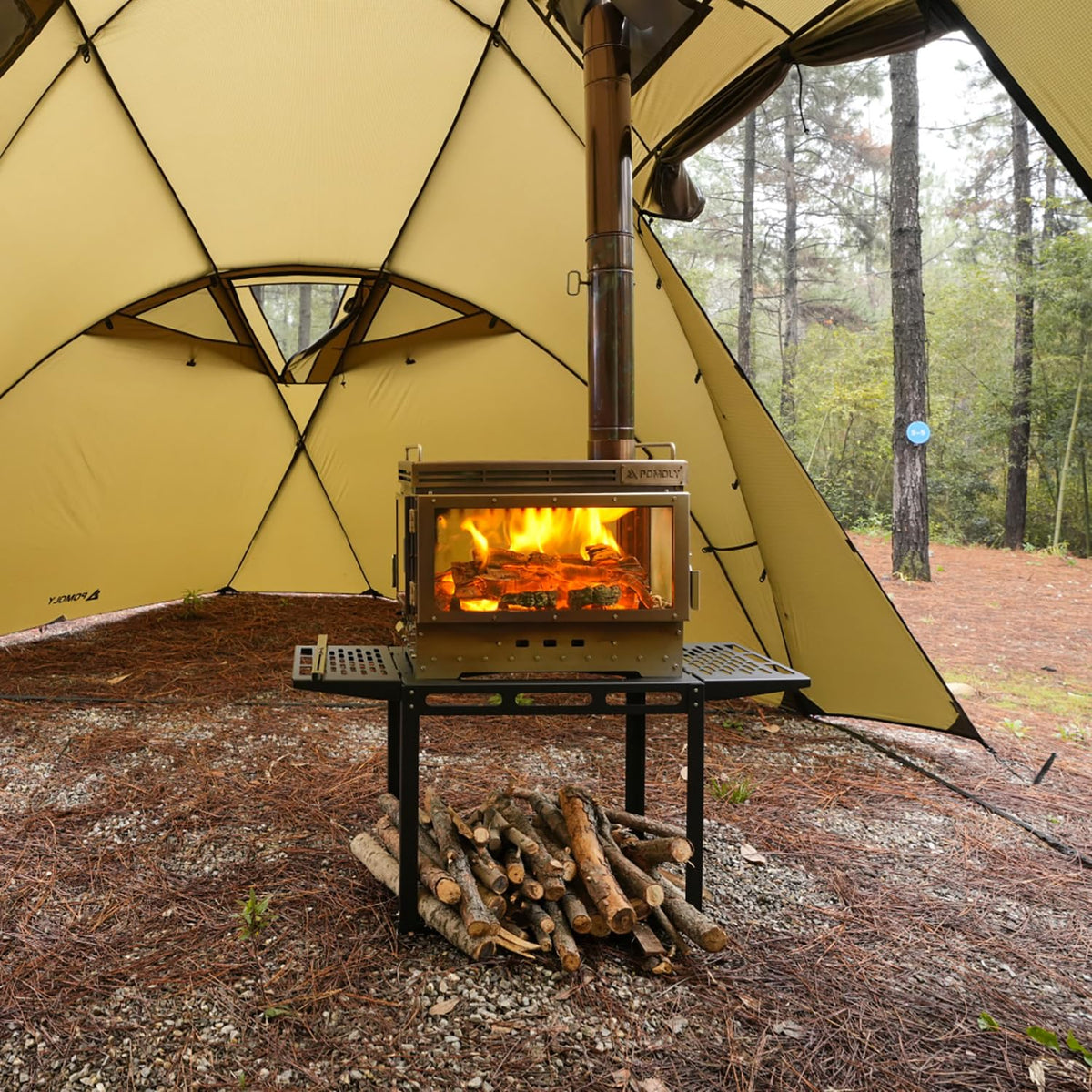 POMOLY Camping Tent Stove Wood Stove, Dweller Ultra 4 Stainless Steel Wood Burning Stove and Stove Frame Base for Cooking, Heating (with 4 Glasses)