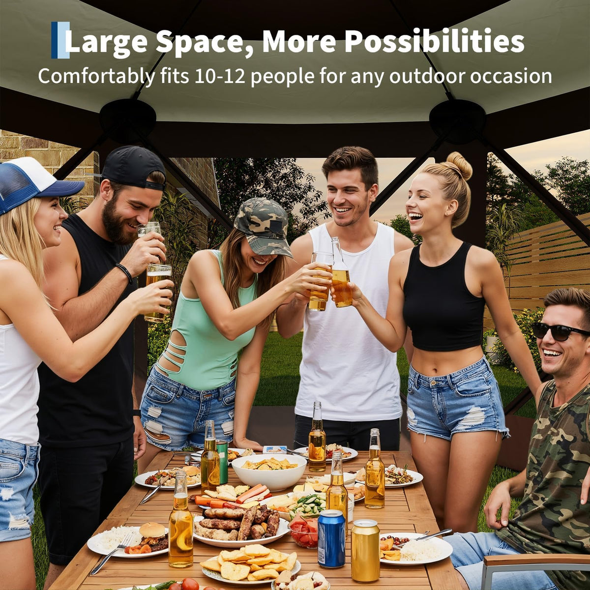 11.5x11.5FT Pop Up Canopy Tent, One-Push Setup Patio Gazebo with Removable Top & Wind Cloths, 6-Sided Outdoor Shelter for Camping, Backyard Parties, Events
