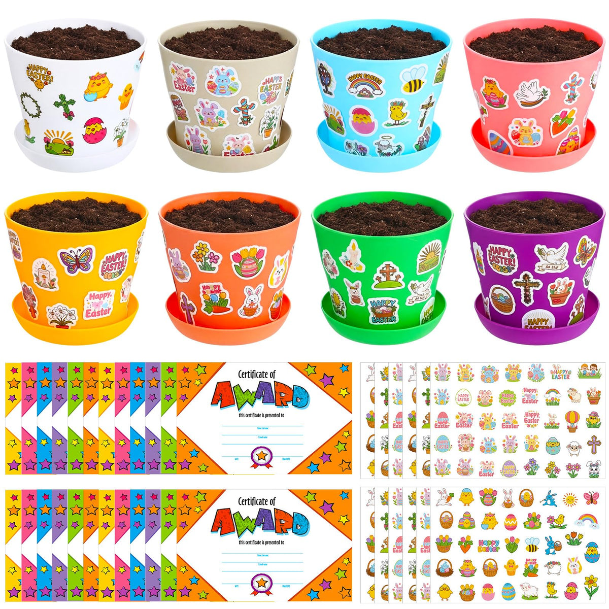 Domensi 30 Pack Garden Pot Craft Kit 4 Inch DIY Religious Crafts for Kids Bulk Small Plastic Spring Flower Plant Pot Plastic Planter with Tray Drainage Holes with Tag, Certificate of Award, Sticker