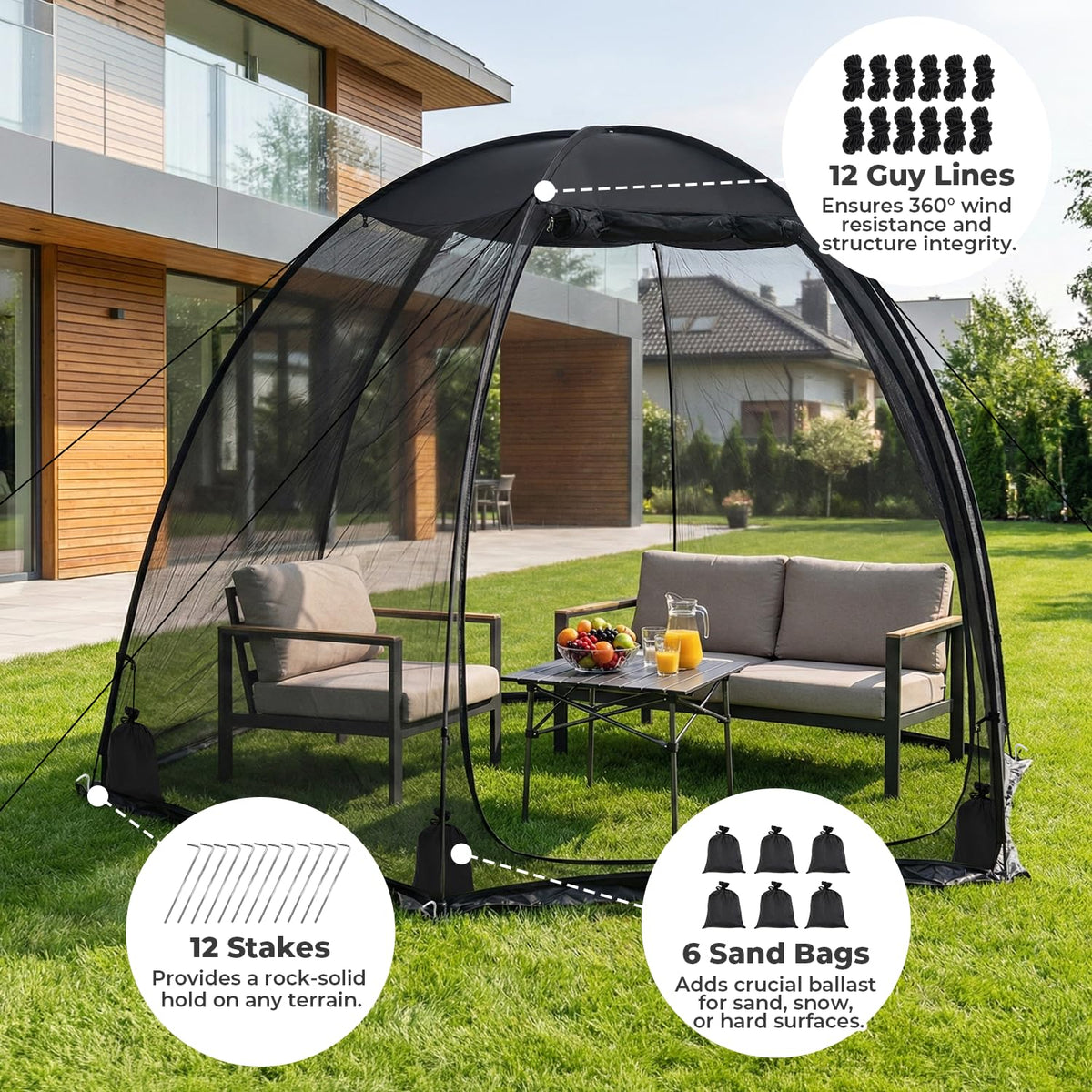 Alvantor® Pop Up Screen House Tent 10x10 FT, Snap-fit Black Mesh Screen Gazebo with Peaked Roof, Portable Screen Room Canopy Shelter with Sandbags for Camping, Backyard, Picnic