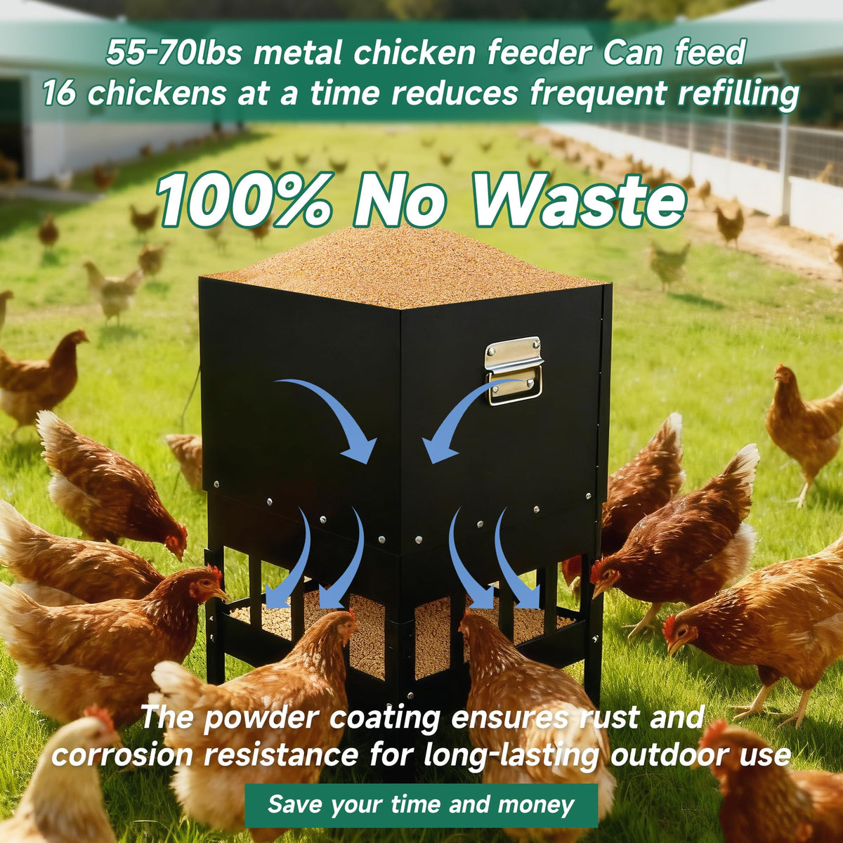 55-70LBS Large Chicken Feeder No Waste 16-Ports Automatic with Magnetic Baffle to Prevent Rodents and Mice Large Poultry Feeder Adjustable Height Suitable for All Poultry, Weatherproof