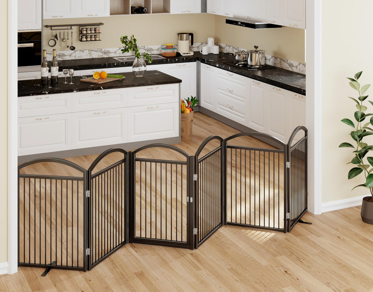 THKKY Folding No-Assembly Freestanding Dog Gate with Door,32" Heights Foldable Pet Fence,144" Extra Wide Accordion Puppy Folding Playpen for Doorways,House,Stairs (6 Panels,Black)