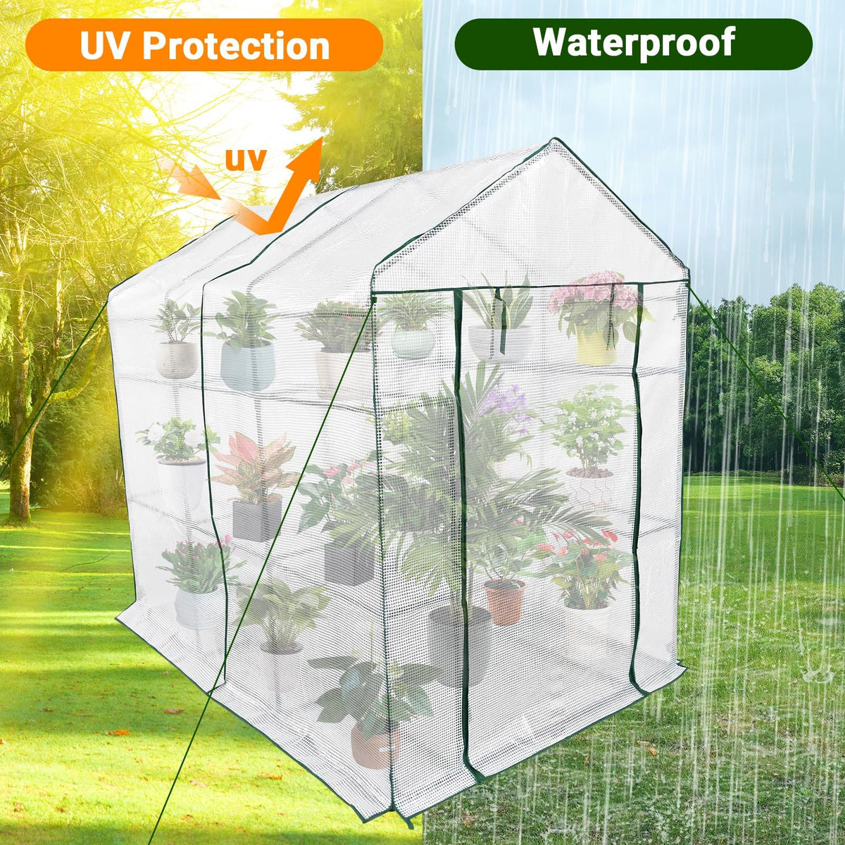 56"x85"x76" Walk-in Greenhouse for Outdoors, Green House Kit with Mesh Windows, UV-Resistant PE Cover, 3-Tier 8 Shelves for Seedling Flowers Growing, White