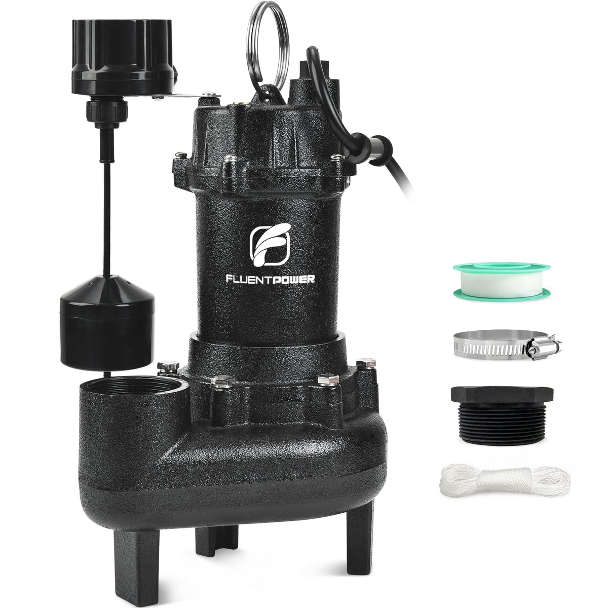 FLUENTPOWER 5000GPH Sewage Effluent Pump, 3/4HP Cast Iron Ejector Submersible Sewer Pump, with Automatic Vertical Float Switch for Residential Basement Septic Basin, 10 ft Cord, 2" NPT Discharge