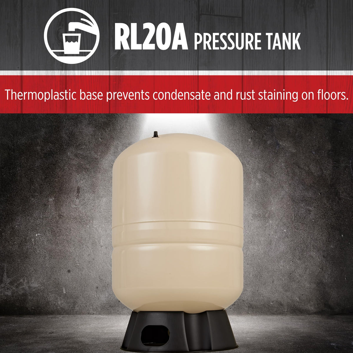 Red Lion RL20A - 20-Gallon Vertical Pre-Charged Pressure Tank with Thermoplastic Base for Well Pumps, 1-Inch FNPT Elbow System Connection, Almond, 604682