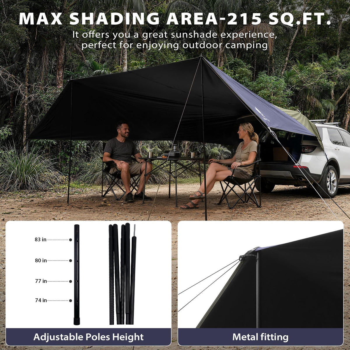 GEERTOP Large Car Awning Tarp Blackout Sun Shade Shelter for SUV Truck Tailgate Canopy Waterproof for Camping Beach Tailgating - Easy Setup with Poles