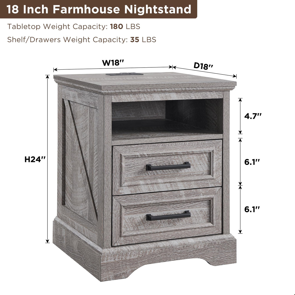 ACCOHOHO 18" Farmhouse Nightstand Set of 2 with Charging Station,End Table with 2 Drawers Storage,Side Table,Bedside Cabinet for Bedroom,Living Room, Grey
