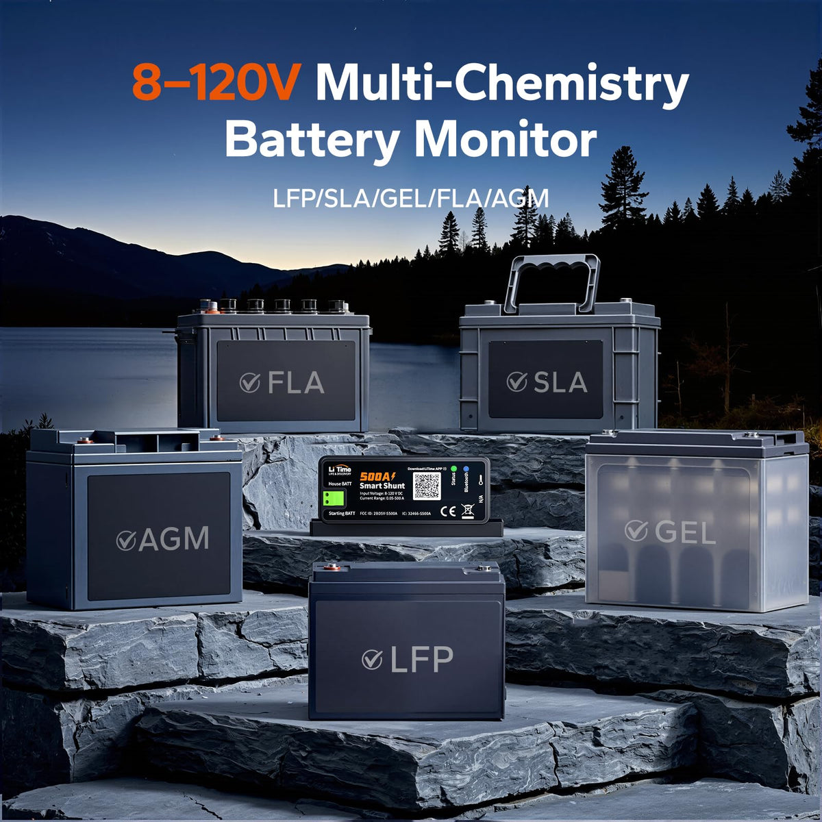 Litime 500A Bluetooth Battery Shunt, Compatible with 8V–120V Lead Acid, LFP, Lithium, AGM Batteries, SOC, Alarm Alerts, History Records, App Monitoring, Ideal for RV/Marine/Off-Grid