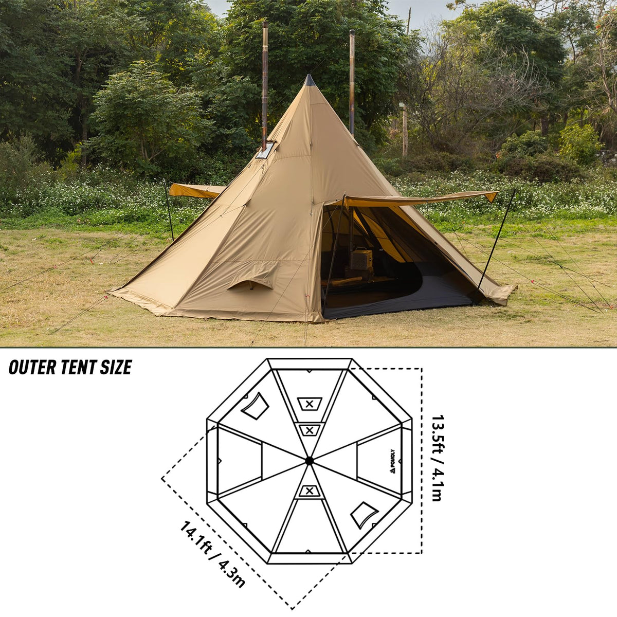 POMOLY Tipi Tent Camping Hot Tents, Bromance 70 Pyramid with 3 Stove Jacks for 2-4 Person Hiking Hunting (with Inner Tent)