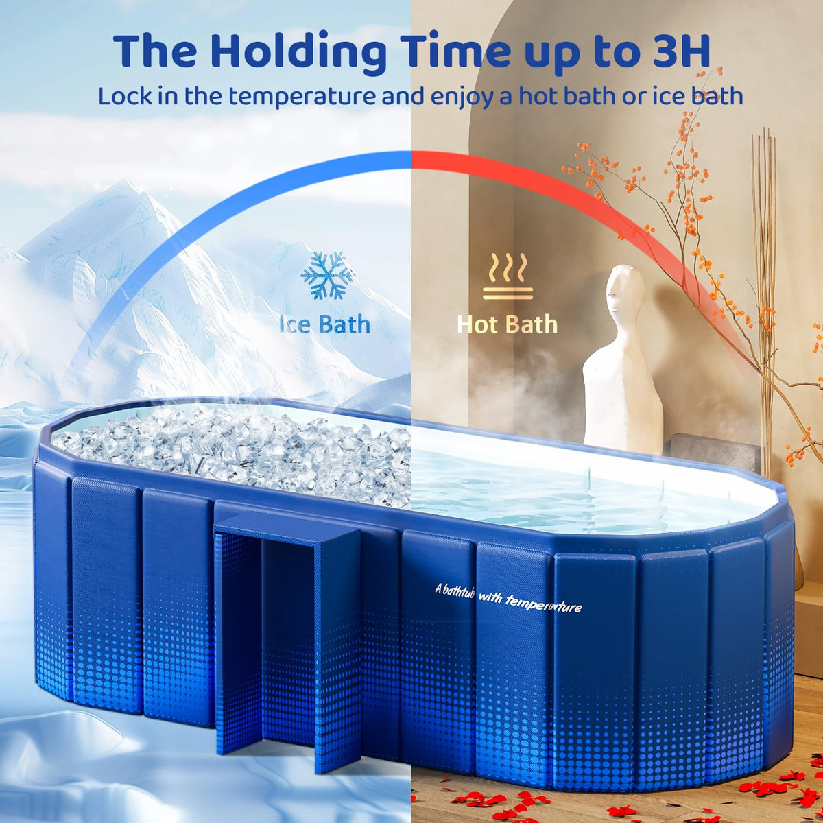 HLCZLUZ Portable Foldable Bathtub, Freestanding Bathtub No Installation, Bathroom SPA Soaking Bath Tub, Shower Stall Collapsible Hot & Ice Bath Tub (Blue with Storage Rack, 59"L x 21.6"W x 19.6"H)