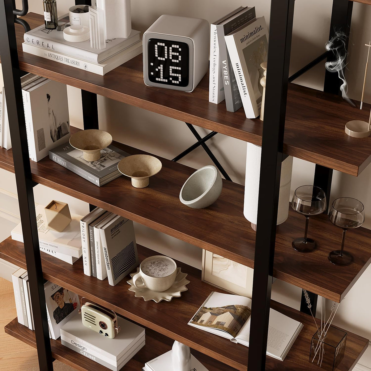 LZ-DONGMAN Bookshelf, Industrial Style Bookcase, Book Rack, Storage Rack Shelves in Living Room/Home/Office, Books Holder Organizer for Books/Movies (6-Tiers)