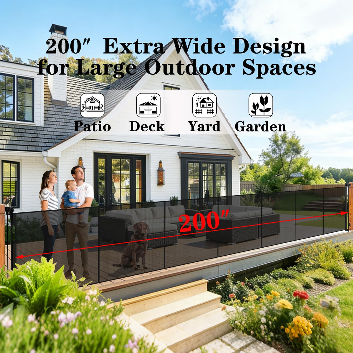 200'' Extra Wide Retractable Baby Gates for Large Opening, 42" Tall Retractable Dog Pet Gate with Support Rods, Long Mesh Screen Child Safety Gate for Garage Doorways Deck Stairs Yard Outdoor Indoor