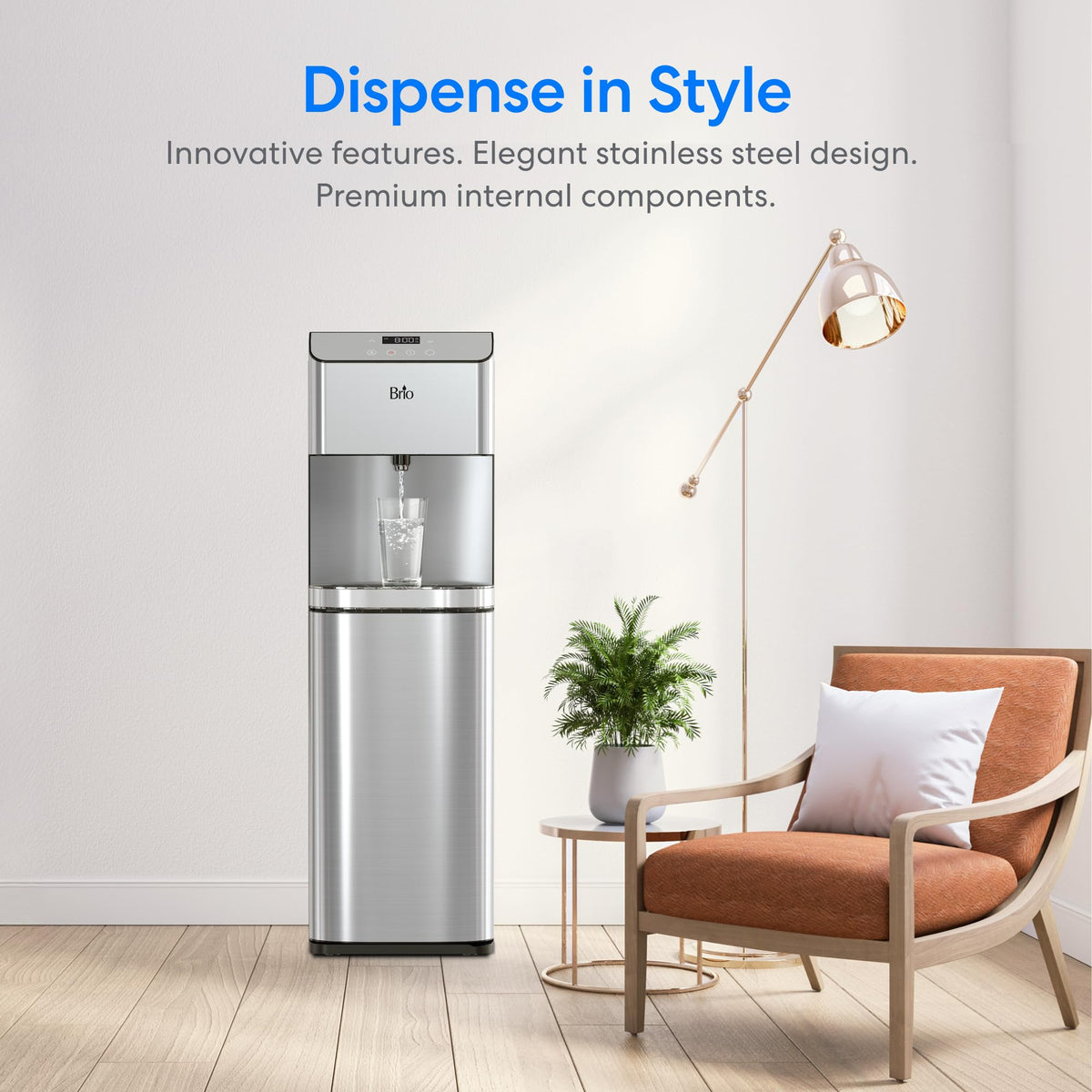 Brio Moderna Bottom Load Water Cooler Dispenser - Tri-Temp, Adjustable Temperature, Self-Cleaning, Touch Dispense, Child Safety Lock, Holds 3 or 5 Gallon Bottles, Digital Display and LED Light