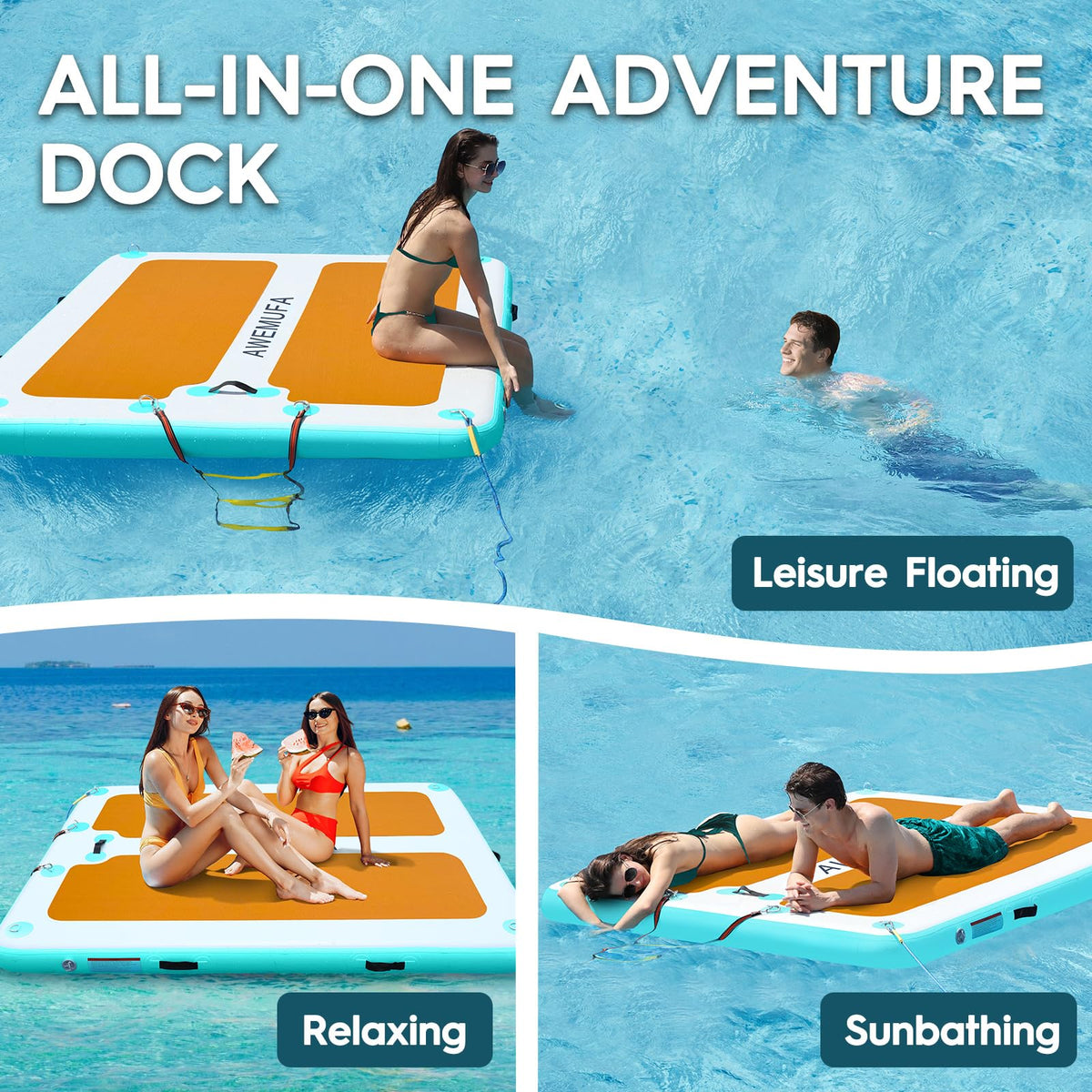 AWEMUFA 8ft x 6ft Inflatable Floating Dock, Inflatable Dock Floating Platform Non-Slip PVC Surface, Water Mat Floating Island Raft for Lake, Floating Dock Mat for Pool Beach Ocean