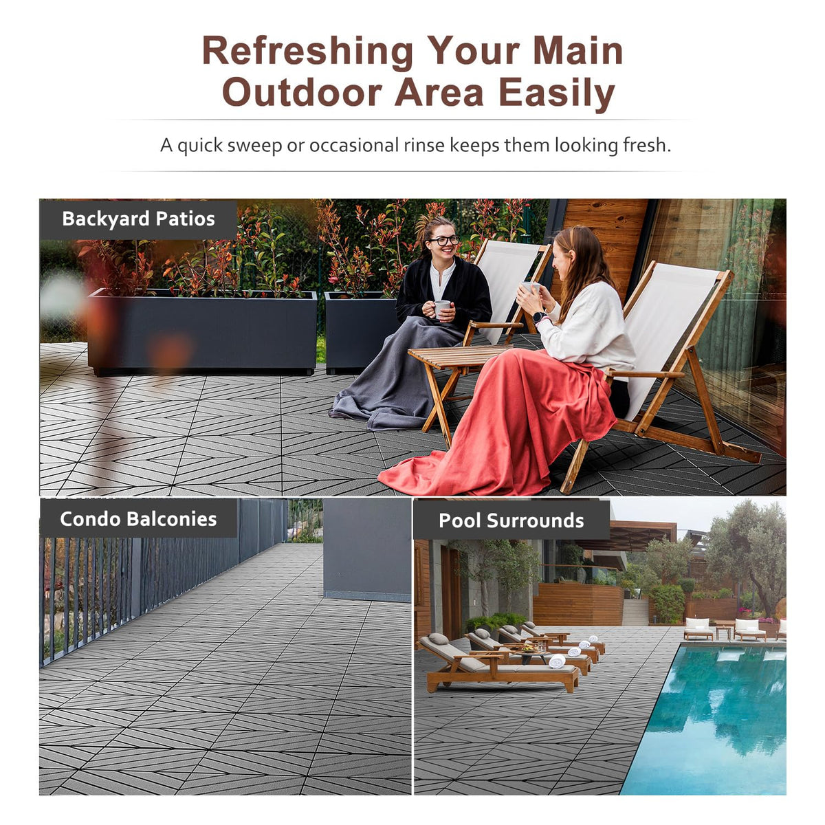 EchoDeck Interlocking Deck Tiles,44 Pack Patio Tiles Outdoor Interlocking All Weather,Patio Deck Tiles,12"x12",Diagonal,Sturdy Base,Highly Durable,Stylish,Non-Slip,Faster-Drying,Efficient,Dark Grey