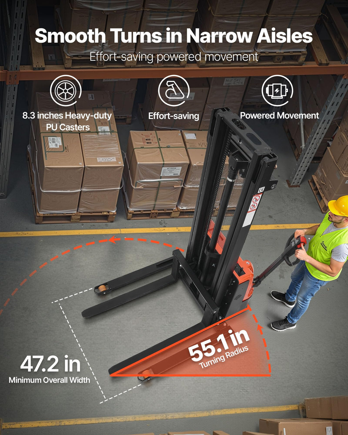 VEVOR Full Electric Pallet Stacker, 3300 lbs Capacity, 130'' Lifting Height, Pallet Lift Stacker Forklift with Straddle Legs & Forks, 8.66-31.1 Inches Adjustable Fork Width, Orange & Black
