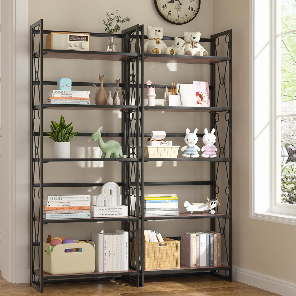 VECELO Folding Bookshelf,5 Shelf Bookcase No Assembly, Industrial Metal Frame Shelves Rack Organizer for Living Room, Office,Walnut 2 Set