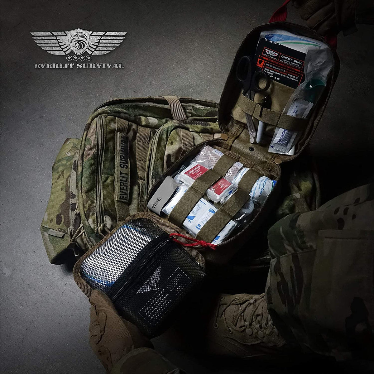 EVERLIT Advanced Emergency Trauma Kit, CAT GEN-7 Tourniquet Mil-Spec Nylon Laser Cut Pouch with 36" Splint, Military Combat Tactical IFAK for First Aid Response Bleeding Control (OD Green)