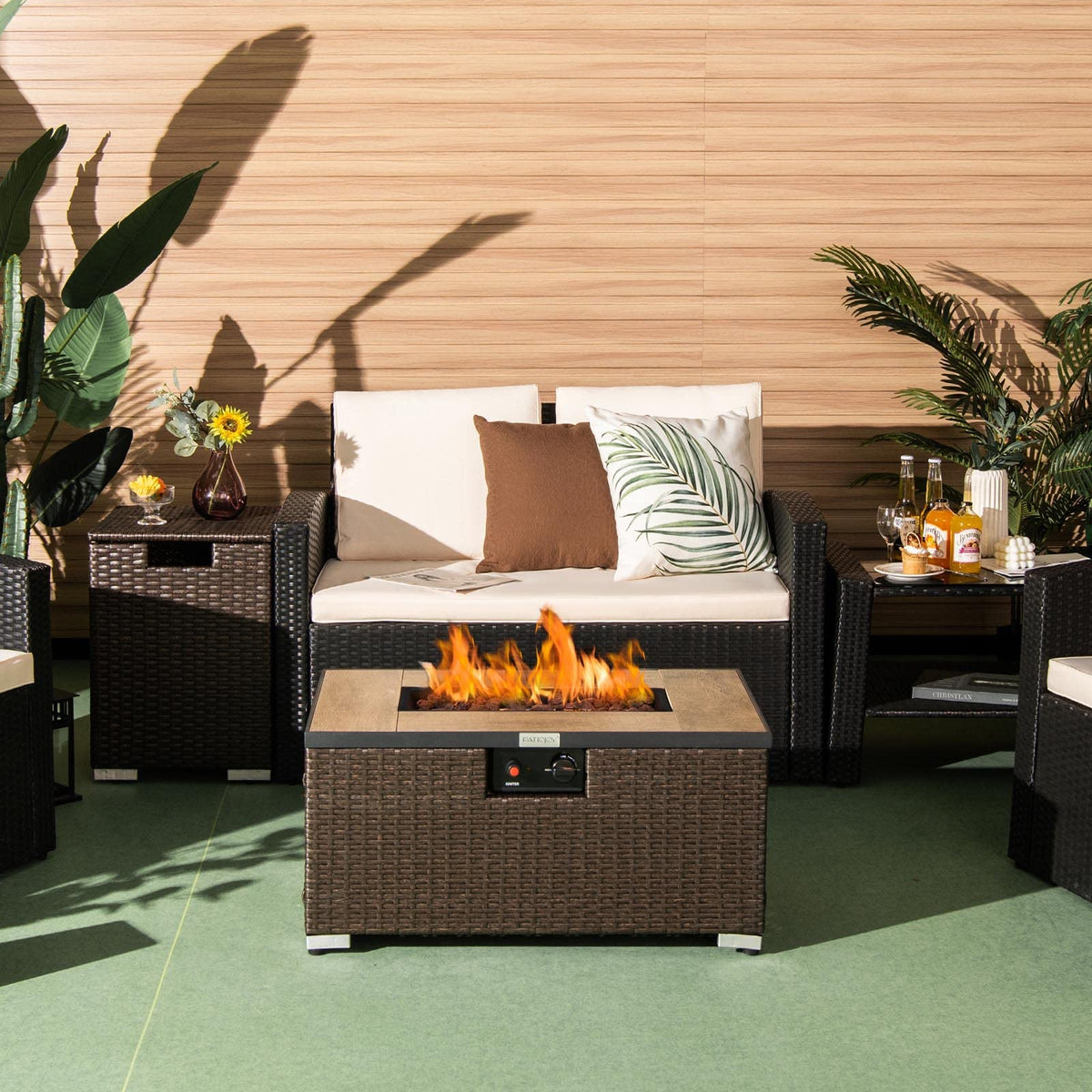 ARLIME Outdoor Propane Fire Pit Table, 40,000 BTU Propane Fire Pit Table with Tank Cover, Waterproof PVC Cover, Free Lava Rocks, Lid, Rectangular Fire Pit Table Set for Outside, Garden, Yard, Brown