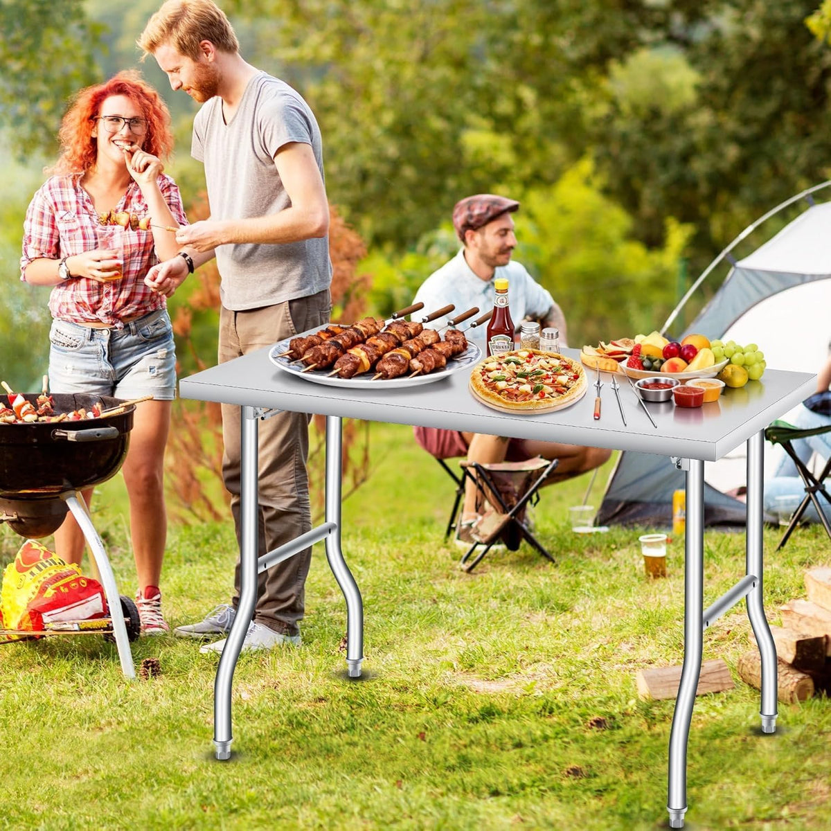 GlowSol Folding Stainless Steel Table 48 x 24 Inch, Metal Foldable Prep/Work Table, 1100 LB Load Capacity, No Assembly, Portable Workbench for Kitchen, Laundry, Restaurant, Camping, Garage