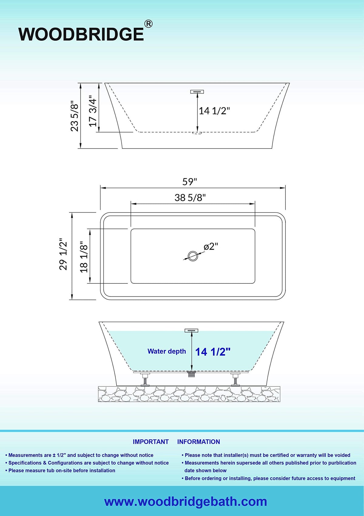 WOODBRIDGE 59" Acrylic Freestanding Bathtub Contemporary Soaking White Tub with Brushed Gold Overflow and Drain，BTA1509 -BG-Drain &O