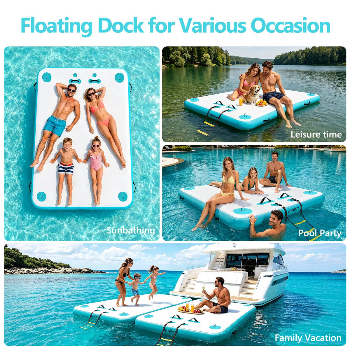 Inflatable Floating Dock Air Platform Multi-Person Swim Water Mat with Rope Ladder, None-Slip Surface for Lake Beach (5ft x 6ft x 6in, Cyan)