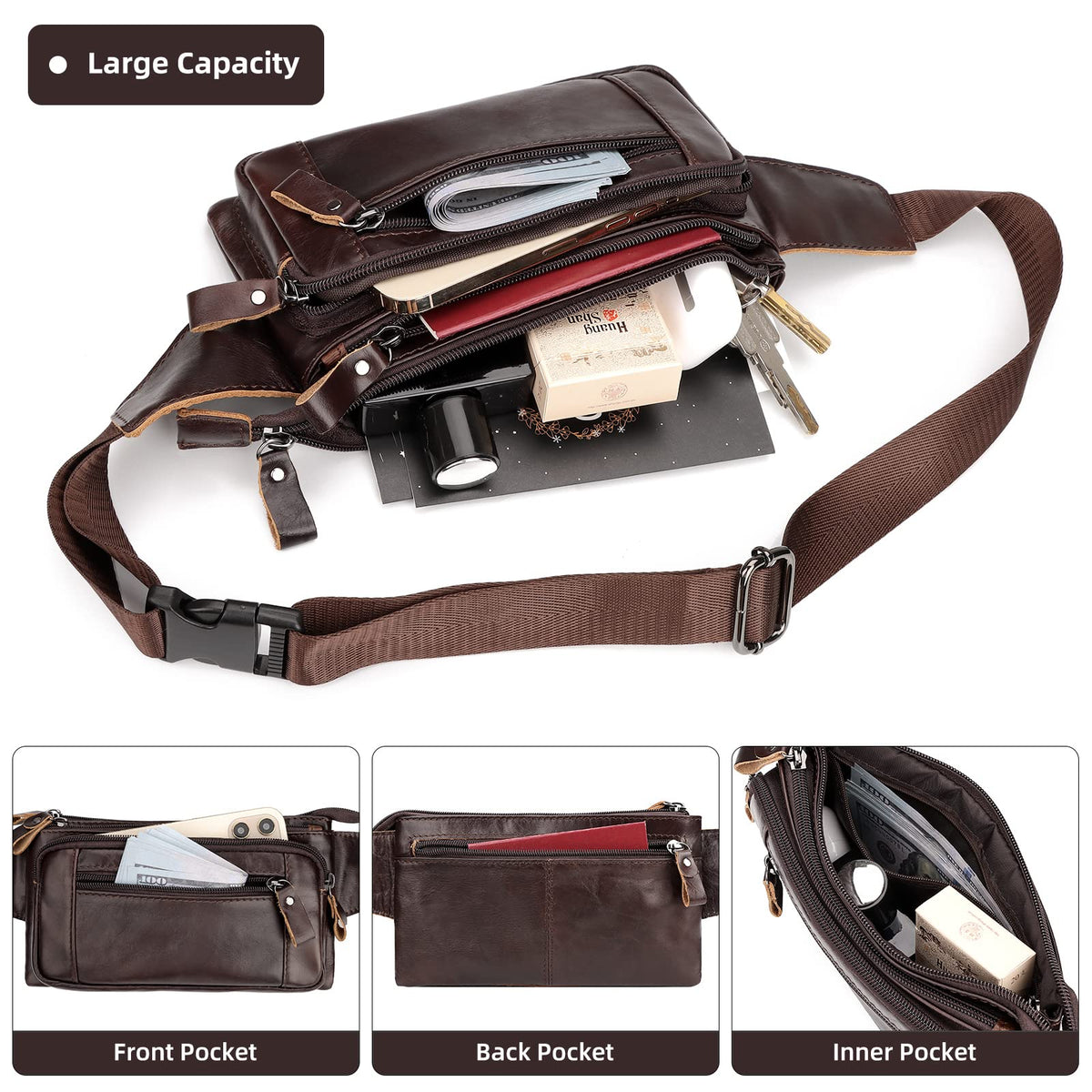 HUMERPAUL Leather Fanny Pack for Men Women, Fashion Waist Packs Small Crossbody Chest Bag with Adjustable Belt for Outdoor Travel Hiking Cycling
