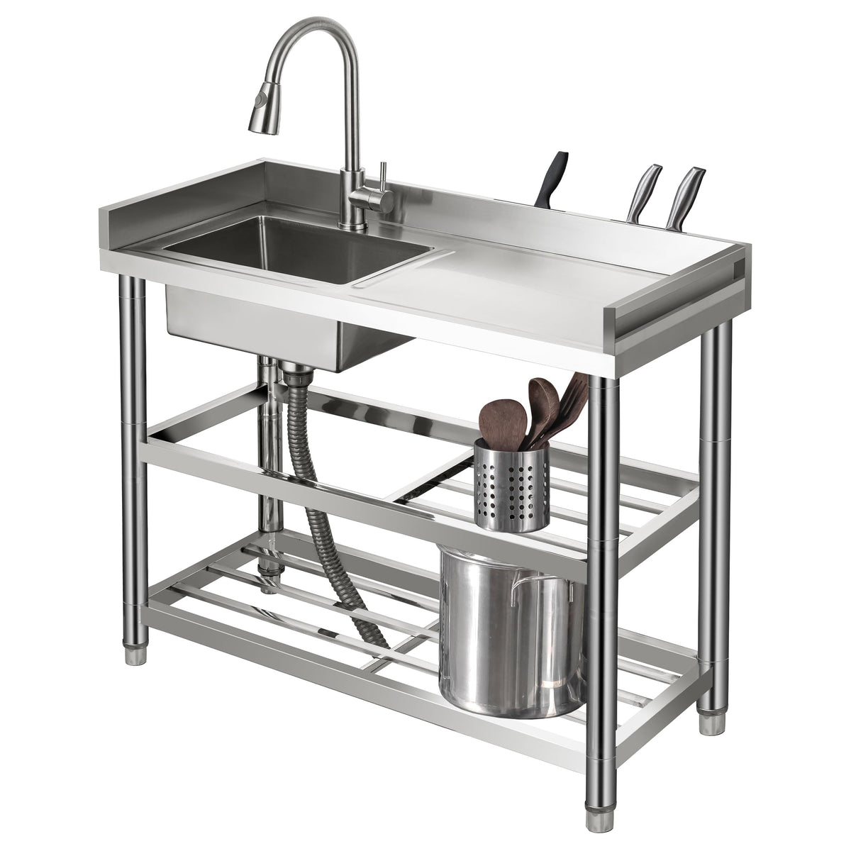 Seveat Freestanding Stainless Steel Utility Sink with Pull-Out Faucet | Laundry Tub with Bottom Shelf | Heavy-Duty for Garage, Basement, Mudroom, Workshop & Outdoor Use (Silver)