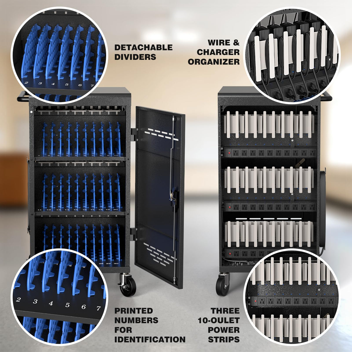 30 Unit Device Charging Station for Chromebook, iPad, 14'' Laptop - Charging Cart with Charger Cable Management, Circuit Breaker, Grounding Protection, Assembly Required